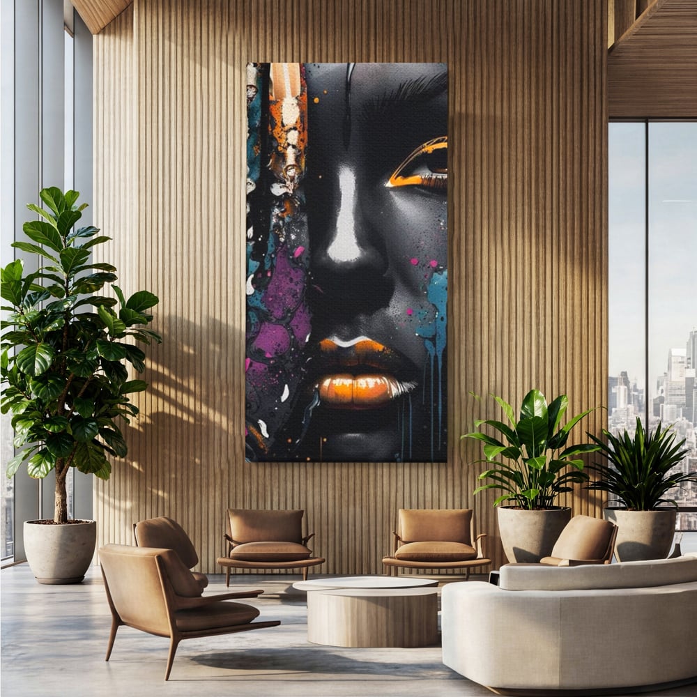 Tablou canvas cu tablou canvas cu portret street art, fara rama, pe sasiu de lemn, pe perete intr-un birou